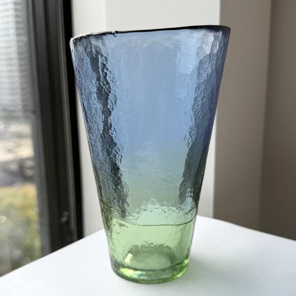 Blue & Green Hand Blown Textured Glass Vase 6 1/2" Contemporary Modern Handmade - Picture 2 of 10